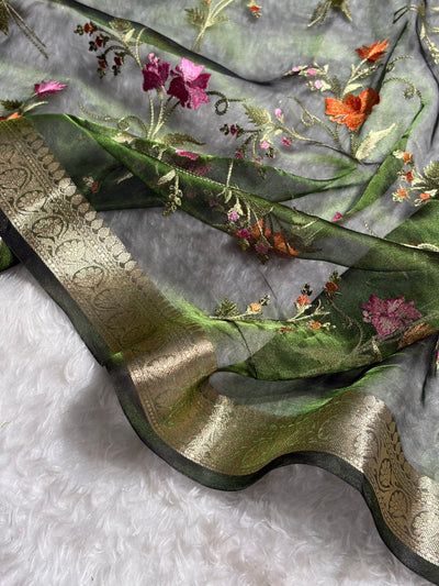 Bottle Green Shades With Floral Embroidered Pure Tissue Silk Saree with Brocade Blouse PTE-09
