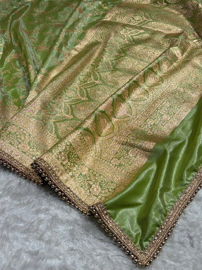 Satin Silk Jaal in Pista Shades With Gota Patti SSGP14