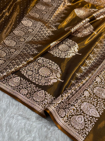 Satin Silk Saree Floral Boota in Mahendi Shades SS28