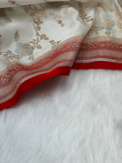 White Minakari Jaal With Red Edge Mashru Silk Saree