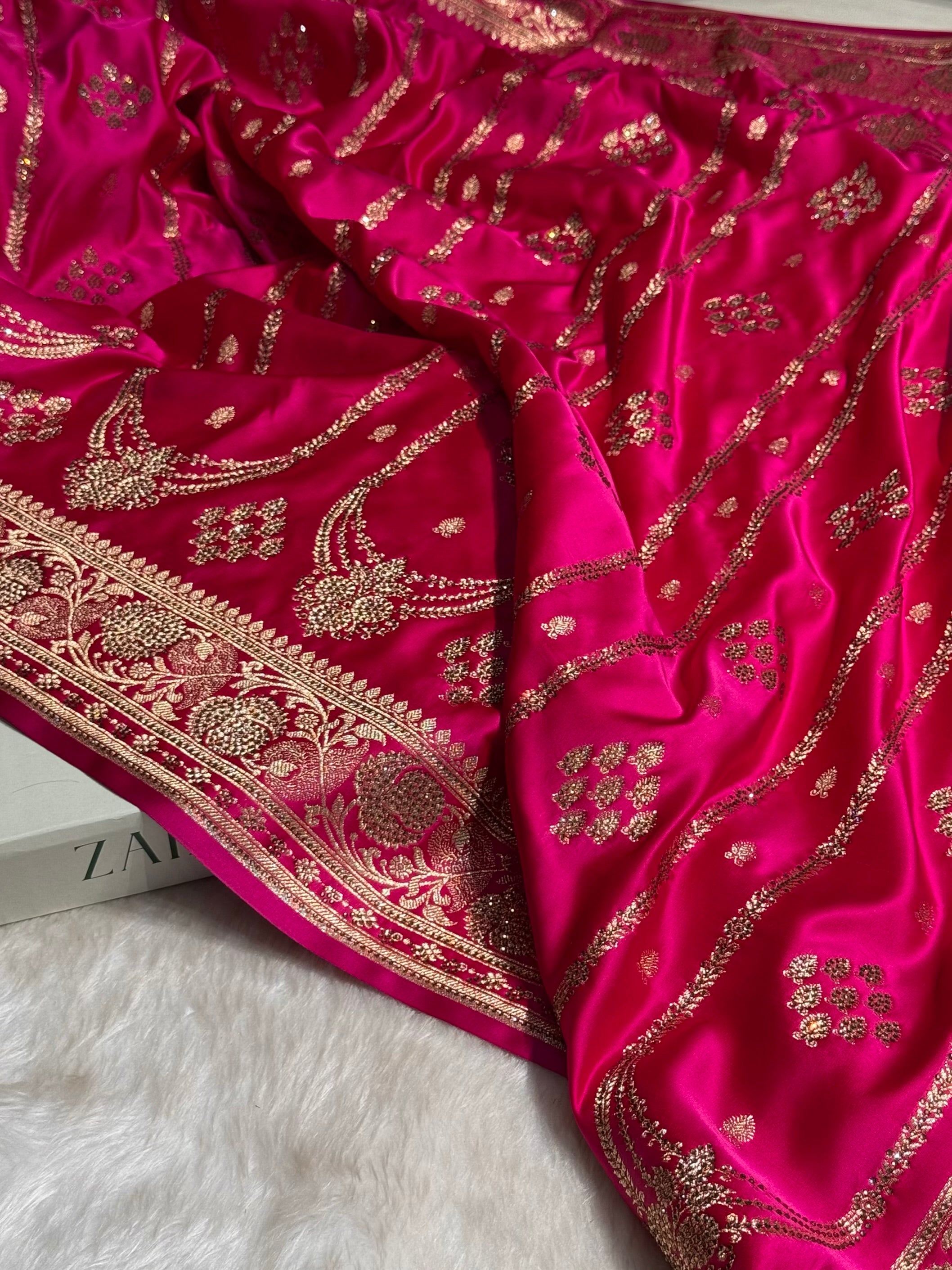 Rani Floral Boota Pattern With Siroski Stone Work Satin Katan Silk saree BSK39