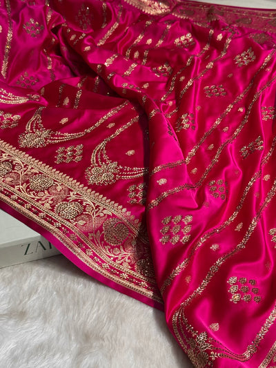 Rani Floral Boota Pattern With Bananas Swarovski Stone Work Satin Katan Silk saree BSK39