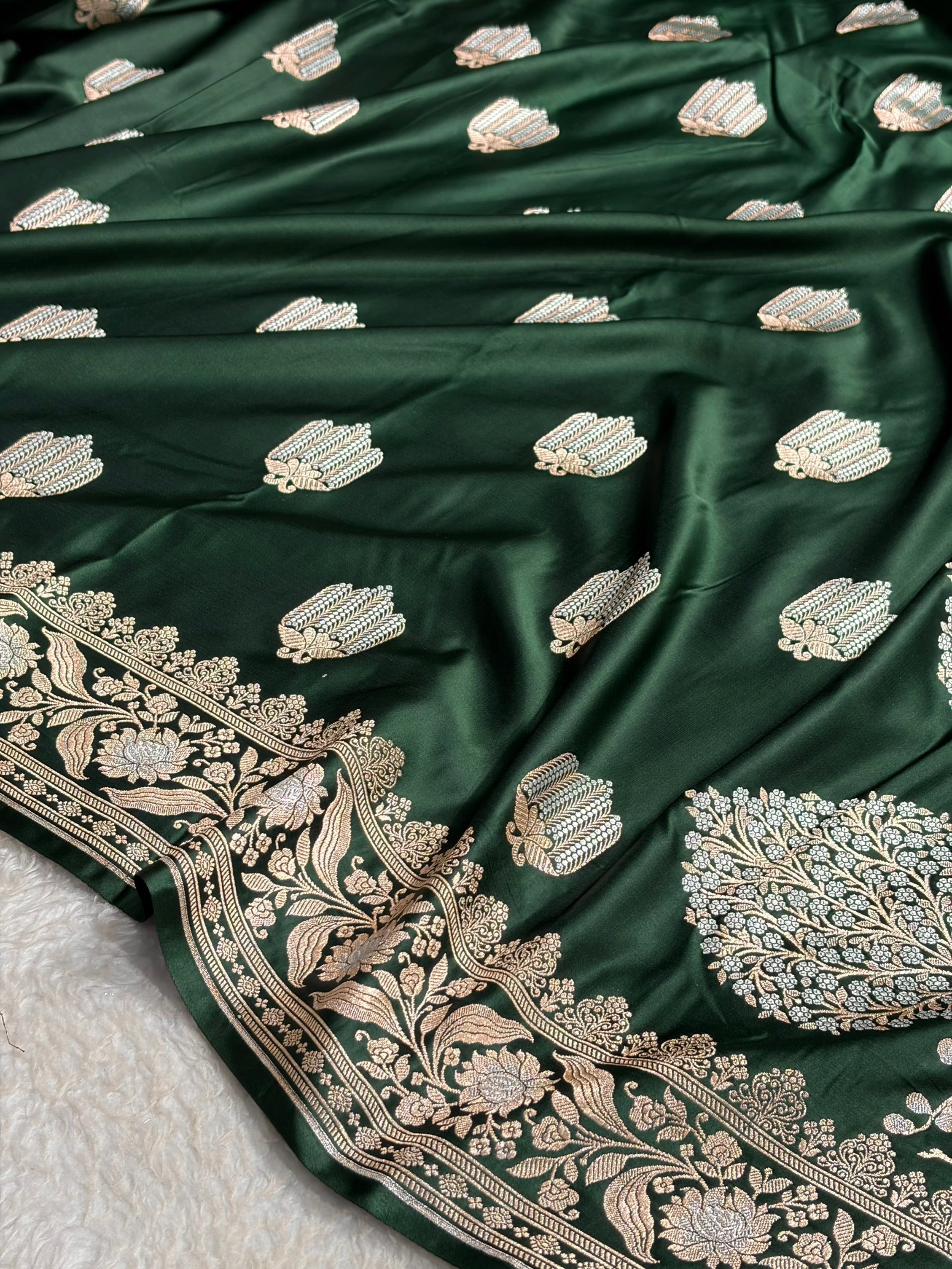 Bottle Green Shades Banarasi Boota Pattern Minakari Floral Mashru Silk Saree MSM-122