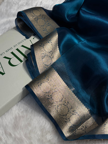 German Blue Shades Pure Tissue Silk Saree with Brocade Blouse PT-18