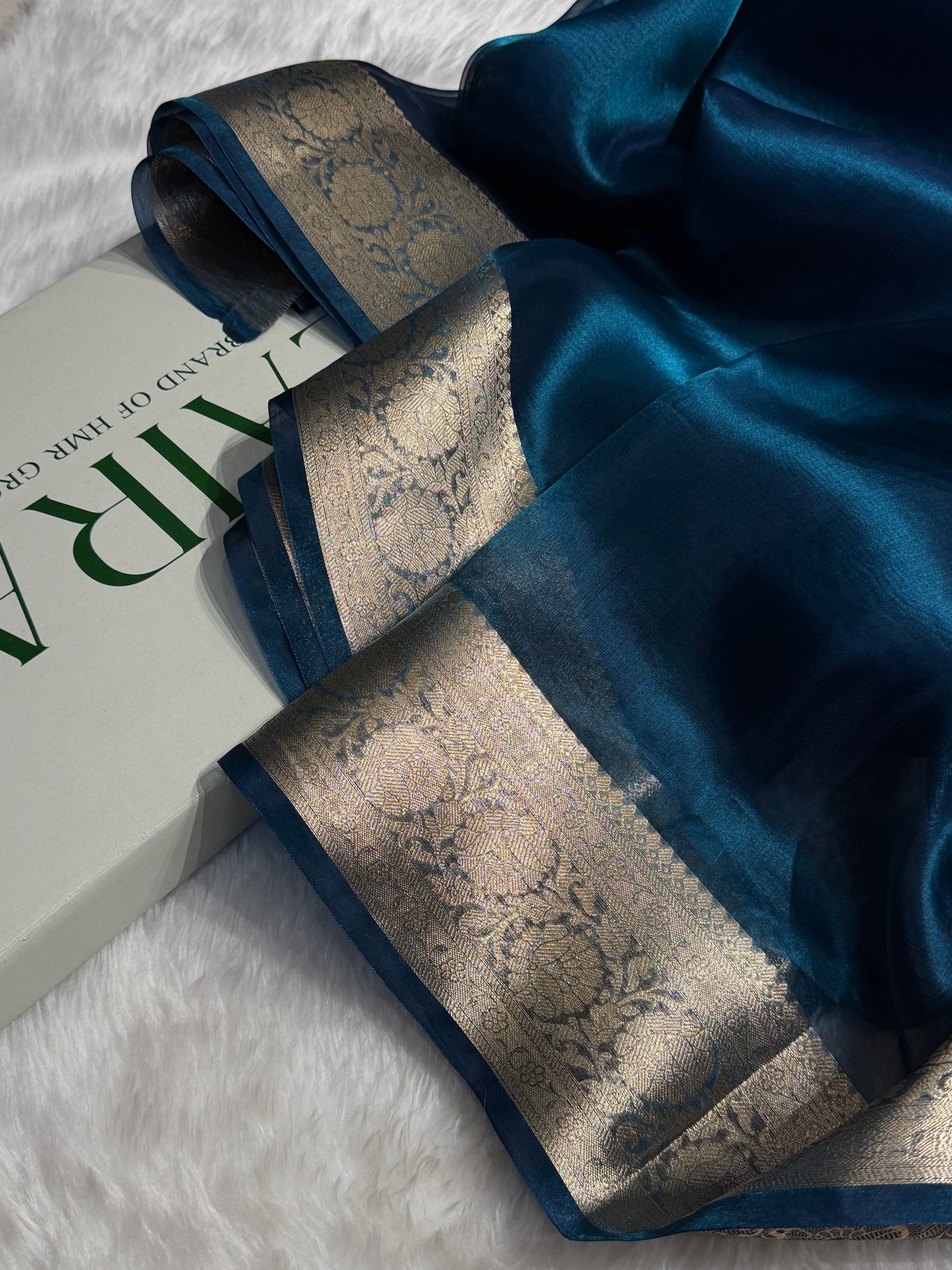 German Blue Shades Pure Tissue Silk Saree with Brocade Blouse PT-18