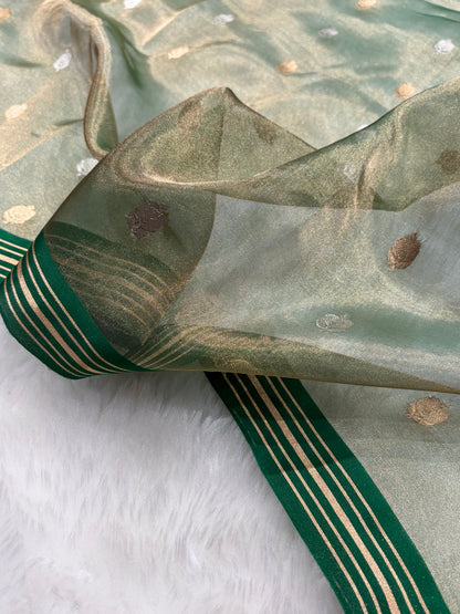Cross Dark Green Bananasi Floral Shades Pure Tissue Silk Saree PT-35