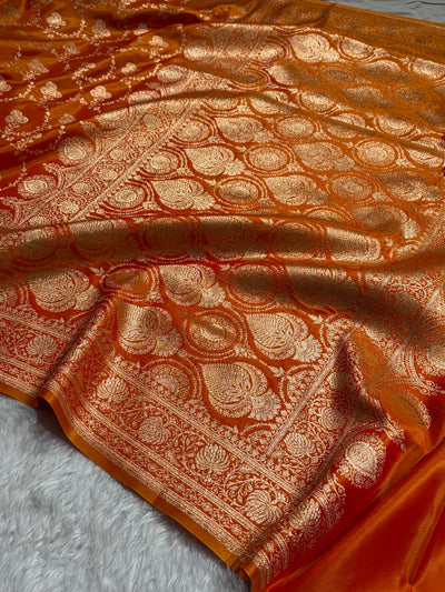 Banarasi Satin Silk Saree Jaal in Fire Gold Shades SS23