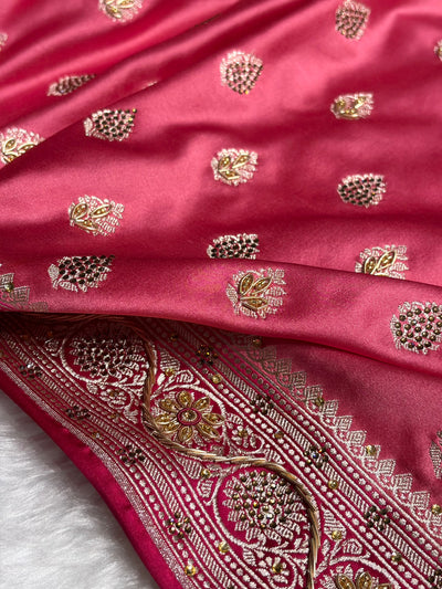 Banarasi Blush Baby Pink Shade Stone Zardozi Work Mashru Silk Boota BMCS17