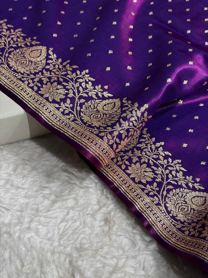 Satin Silk Saree Floral Boota in Cross Purple Shades SS28
