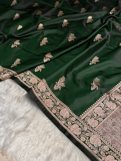 Dark Bottle Green  Boota With Floral Border Mashru Silk Saree MSM-89