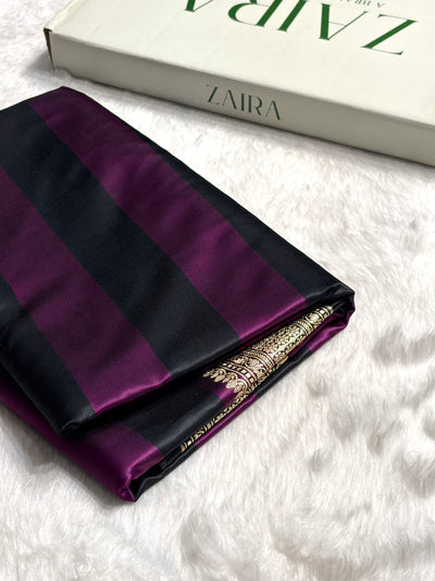 Wine With Black Horizontal Strips Floral Border & Brocket Blouse Mashru Silk Saree MSM-84