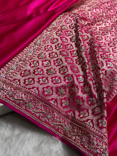 Rani Shades Plain Banarasi With Minakari Ari Zardozi Work Floral Border Mashru Silk Saree BMCS123