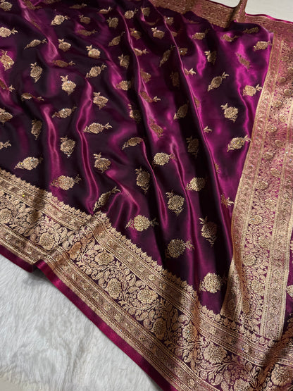 Satin Silk Saree Swarovski Work Floral Boota in Wine Shades BSS26