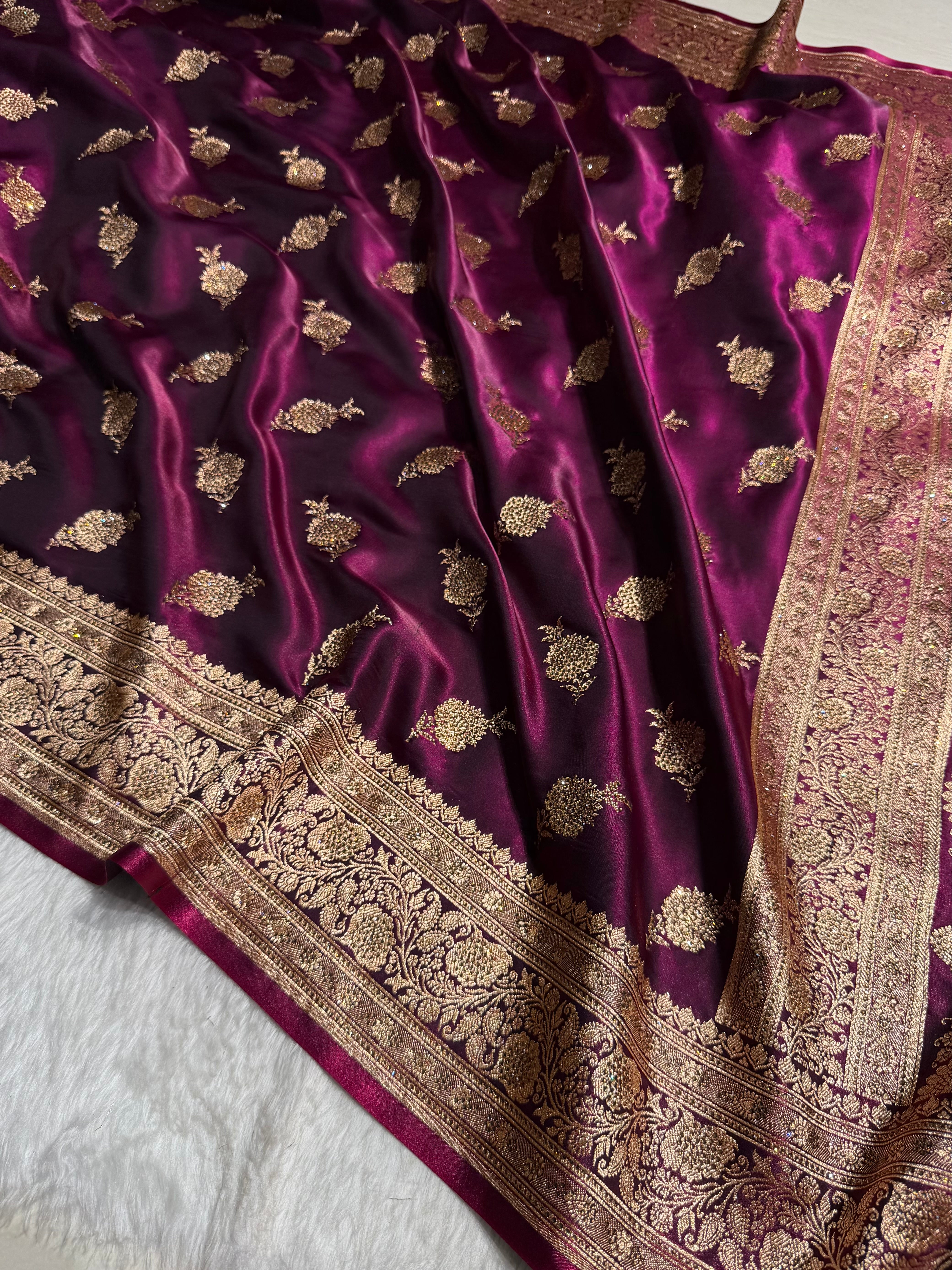 Satin Silk Saree Swarovski Work Floral Boota in Wine Shades BSS26