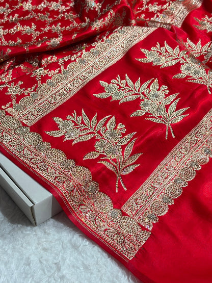 Bridal Red Satin Silk Jaal with Swarovski Stone Work & brocade Blouse BSS16