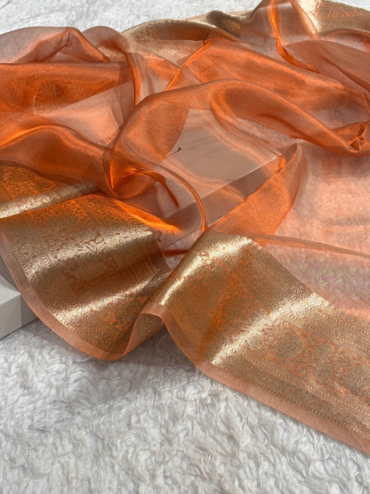 Pinkish Orange Shades Pure Tissue Silk Saree with Brocade Blouse PT-08