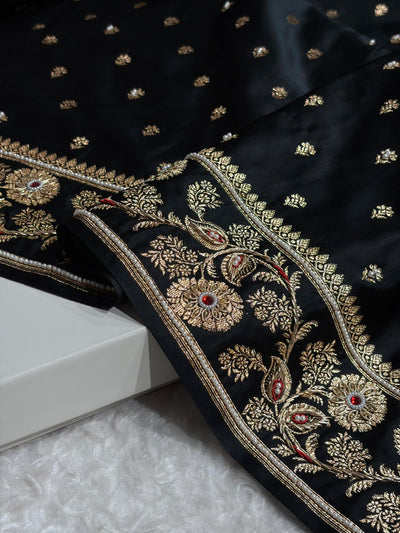 Black Floral Pattern With Aari Zardozi Moti Work Satin Katan Silk Saree BSK77