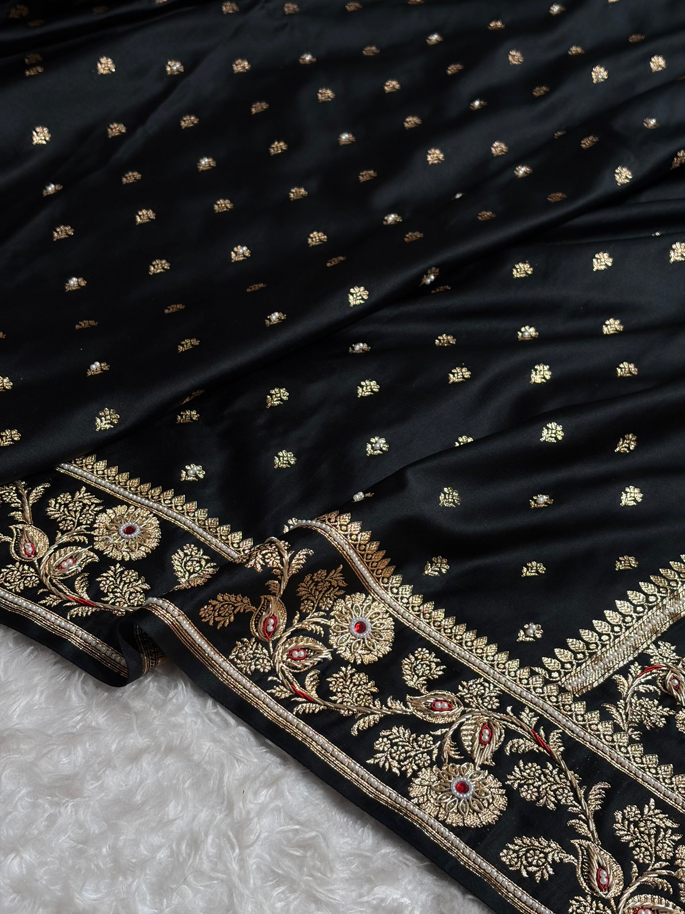 Black Floral Pattern With Aari Zardozi Moti Work Satin Katan Silk Saree BSK77