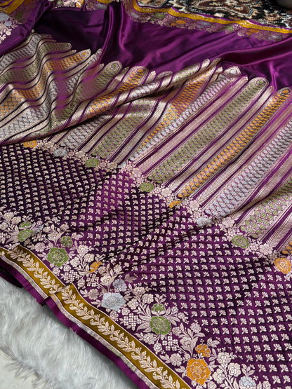 Banarasi Wine Shades Floral Minakari Skirt Border Mashru Silk Saree MSM-83