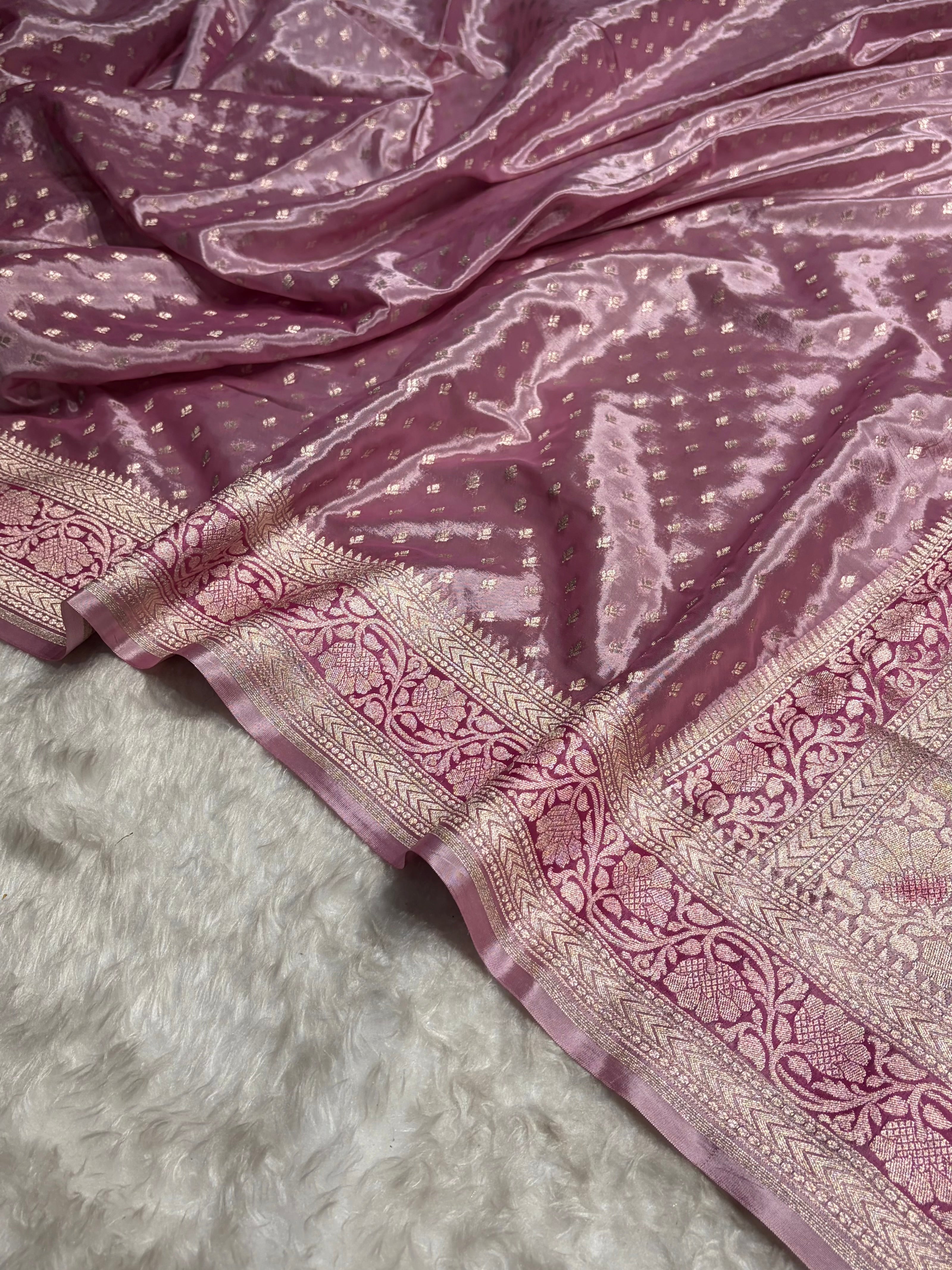 Onion Pink Shade With Contrast Border Crepe Silky Katan Banarasi Saree CSK-04