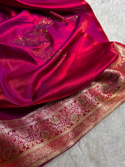 Satin Silk Saree Tredition Banarasi Swarovski Work Floral Boota in Reddish Purple Shades BSS27