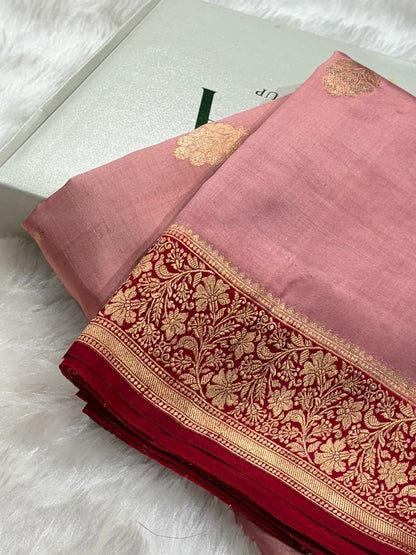 Banarasi Baby Pink With Maroon Contrast Shades Meenakari Boots Handwoven Pure Paper Silk Saree RM-90