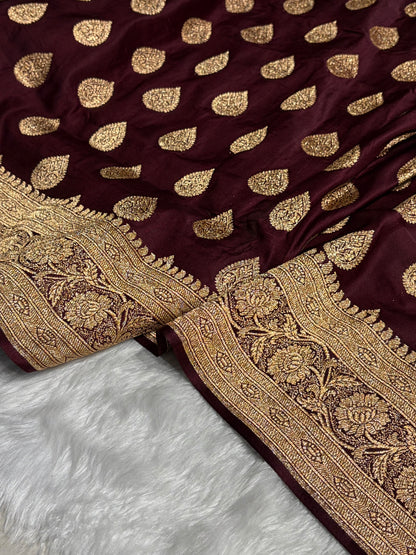Dark Chocolate Katan Silk Saree In Boota Floral Motif