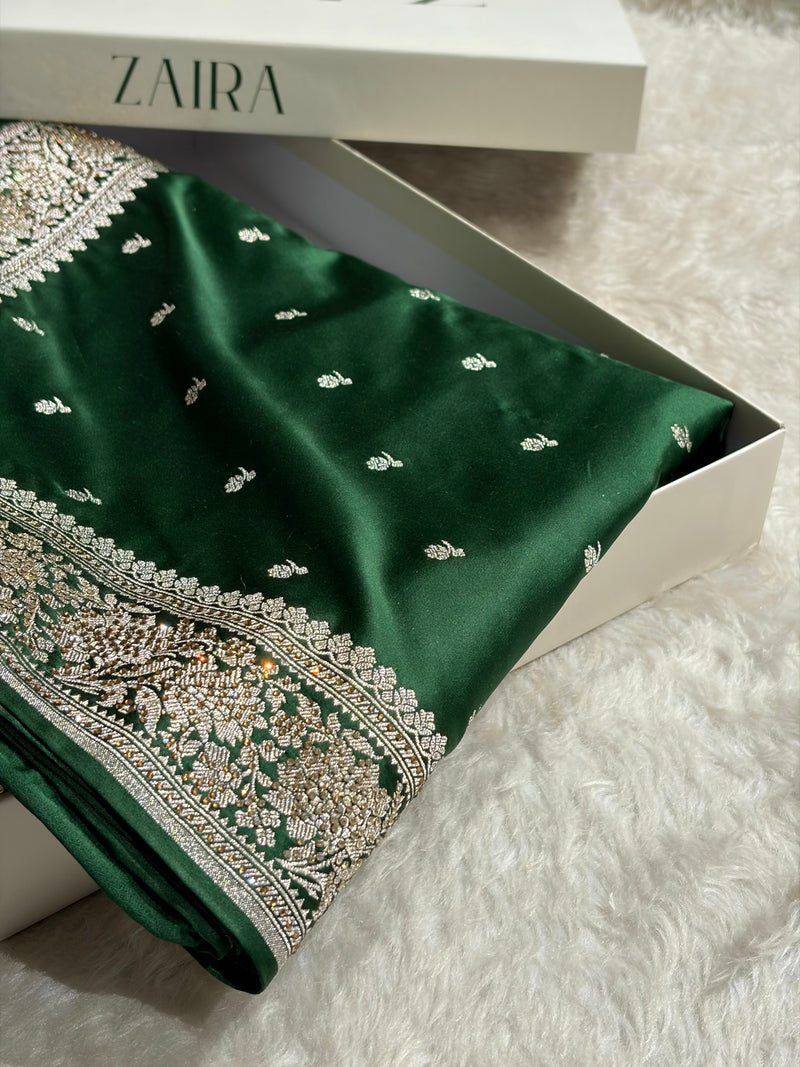 Beautiful Bottle Green Booti with Swarovski Work Mashru Silk Saree BMS09