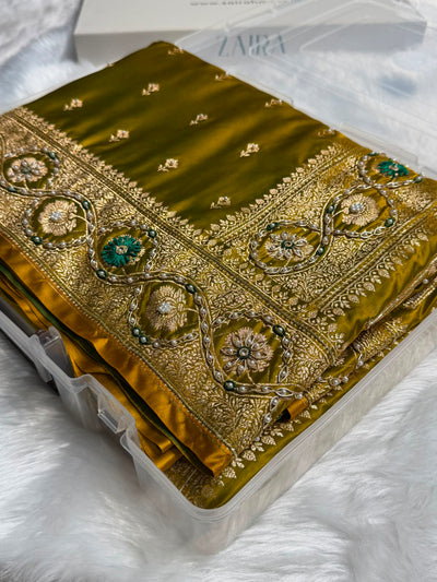 Mehandi Booti Pattern With Ari Stone Pearl Work Satin Katan Silk Saree BSK54