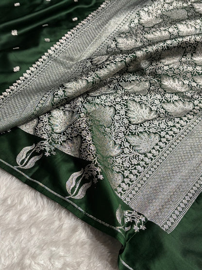 Bottle Green Shades Floral Border Booti Mashru Silk Saree MCS74