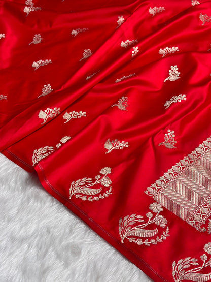 Red Boota With Floral Border Mashru Silk Saree MSM-91