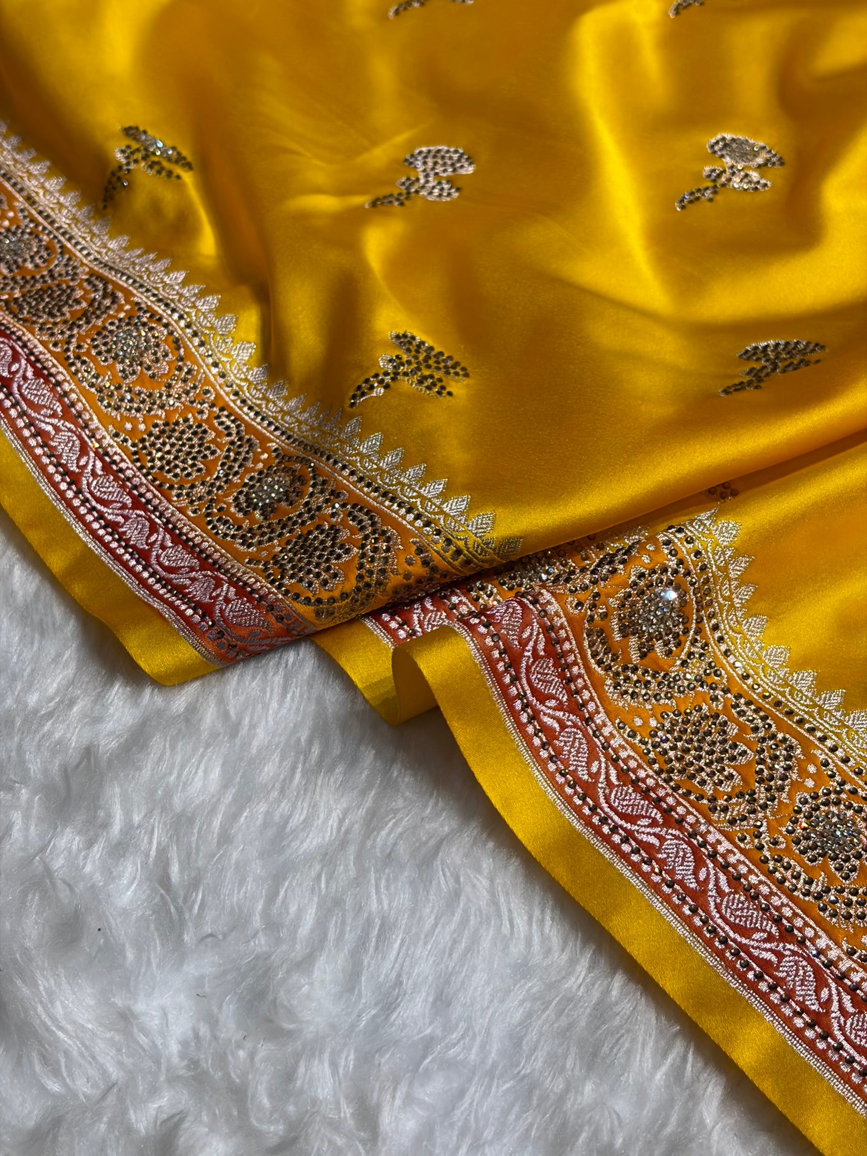 Yellow Shades With Banarasi Swarovski Stone Work Boota Mashru Silk Saree BMS51