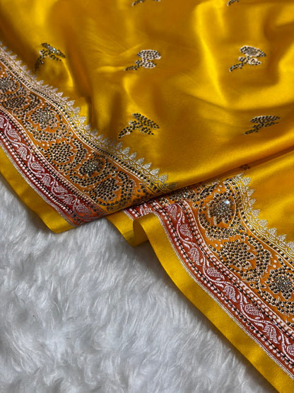 Yellow Shades With Banarasi Swarovski Stone Work Boota Mashru Silk Saree BMS51