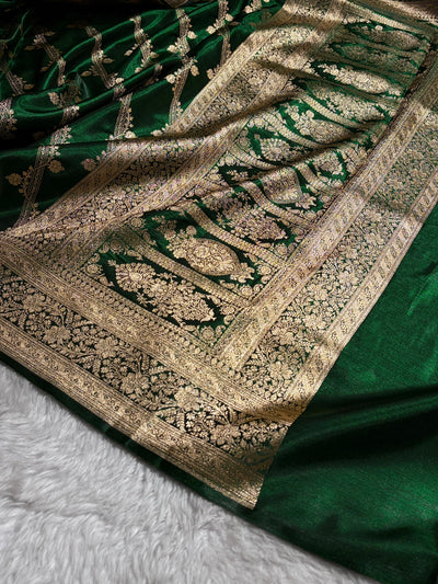 Bottle Green Shades Cross Pattern Banarasi Satin Silk Saree SS50