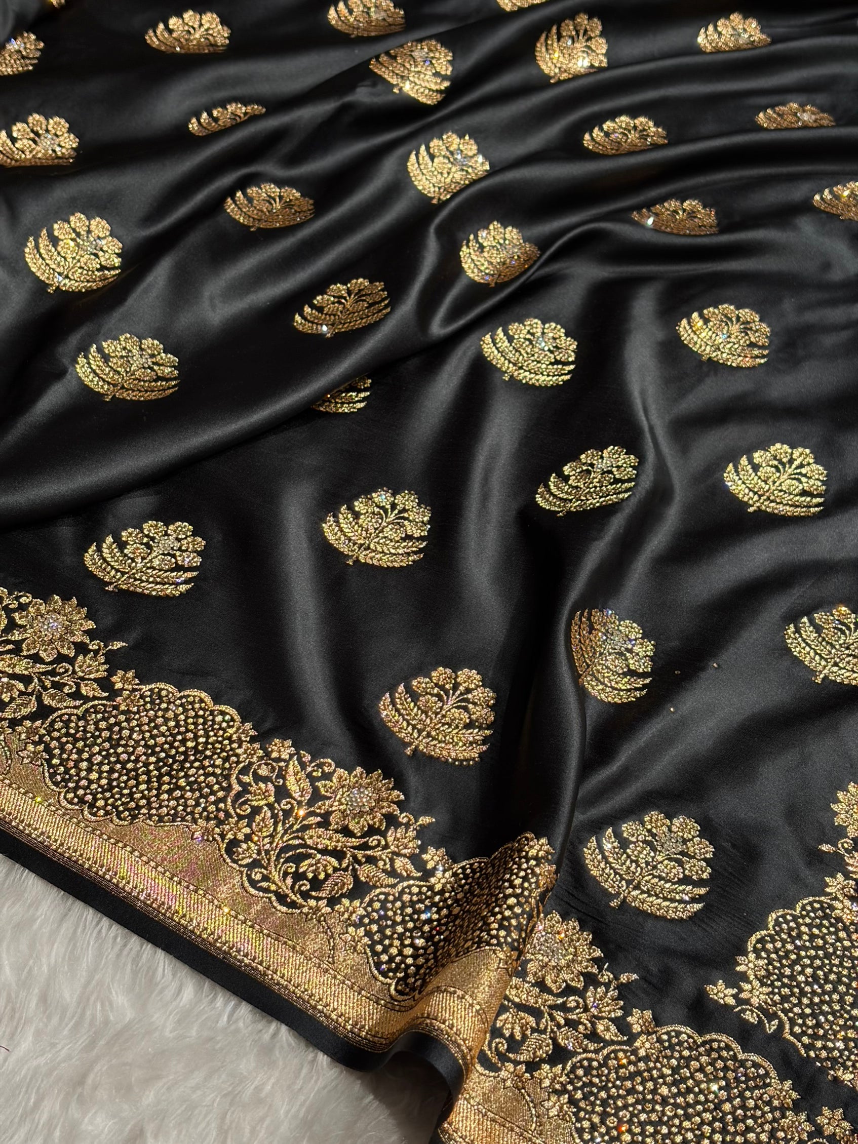 Black Unique Swarovski Stone Work Boota Pattern Satin Katan Silk Saree BSK70