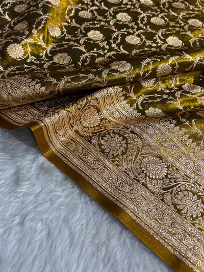 Ultra Light Weight Satin Silk Jaal in Mehendi Shades SS13