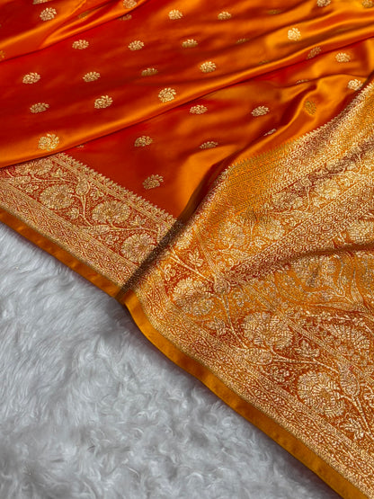 Fire Gold Floral Boota Pattern Satin Katan Silk Saree SK72