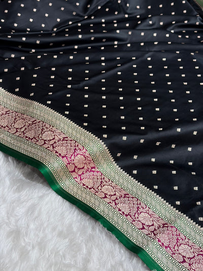 Banarasi Contrast Black With Rani Floral Border Mashru Silk Saree MSM-99