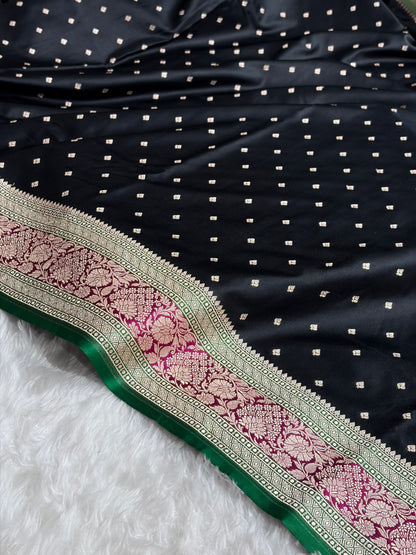 Banarasi Contrast Black With Rani Floral Border Mashru Silk Saree MSM-99