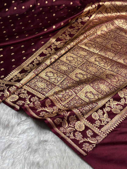 Chocolate Shades Floral Pattern Satin Katan Silk Saree SK77