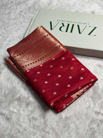 Cross Red Floral Pattern Satin Katan Silk Saree SK78