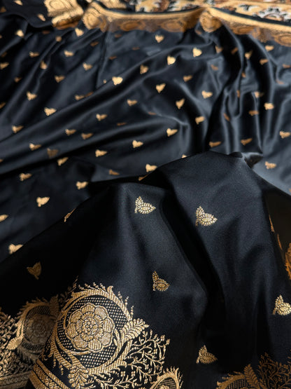 Banarasi Satin Katan Saree With Minakari Boota in Black Shades SK95