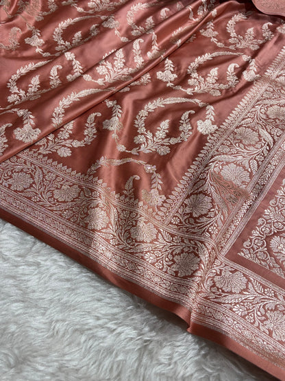 Peach Shades Banarasi With Floral Jaal Pattern Mashru Silk Saree MSM-132