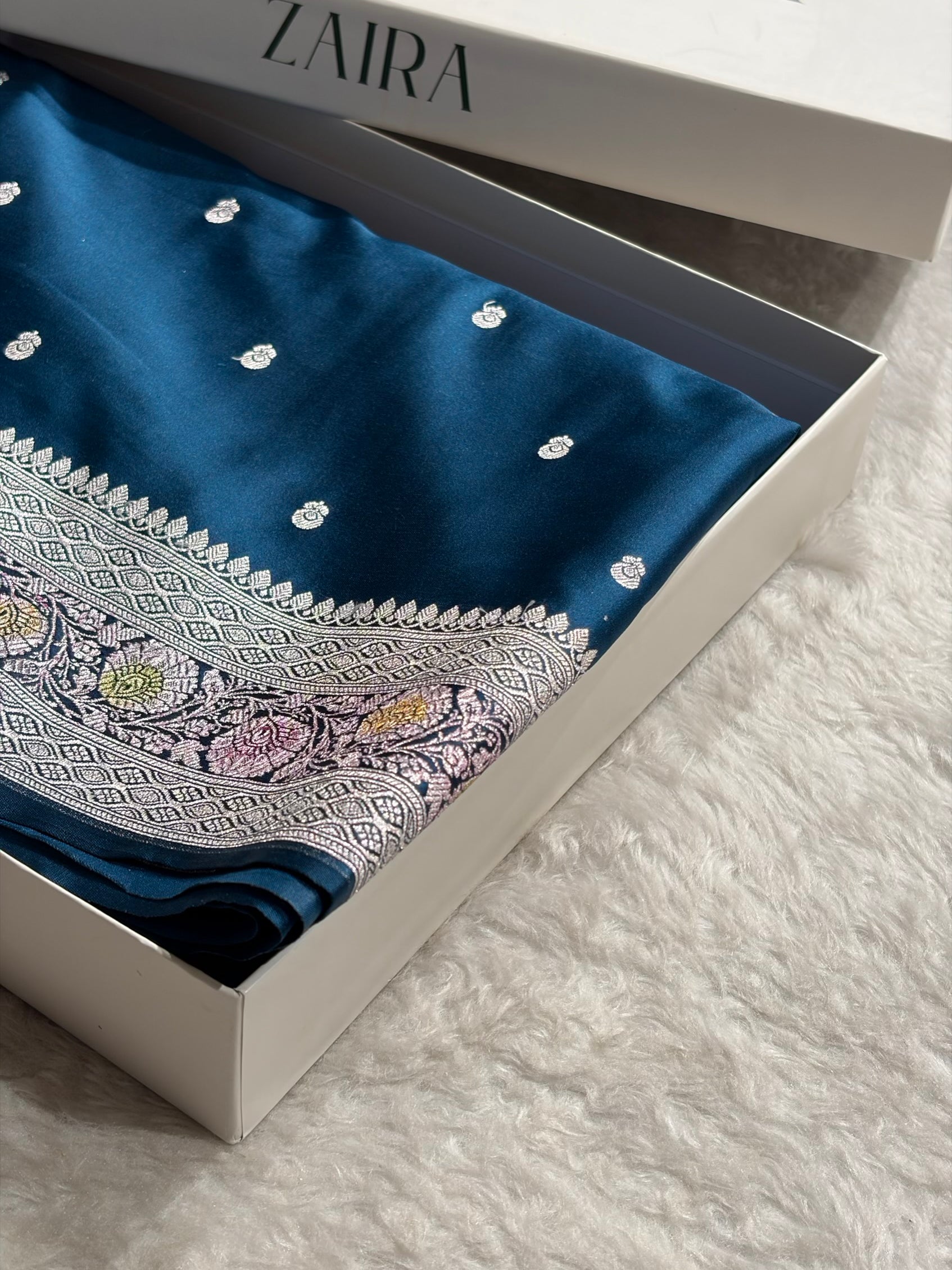 German Blue Shade With Minakari Booti Mashru Silk Saree