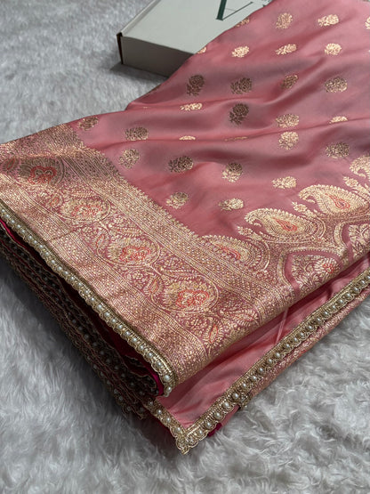 Floral boota Satin katan Silk Saree  With Gotta Patti In Baby Pink Shades SKGP12