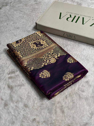 Wine Unique Boota Pattern Satin Katan Silk Saree SK70