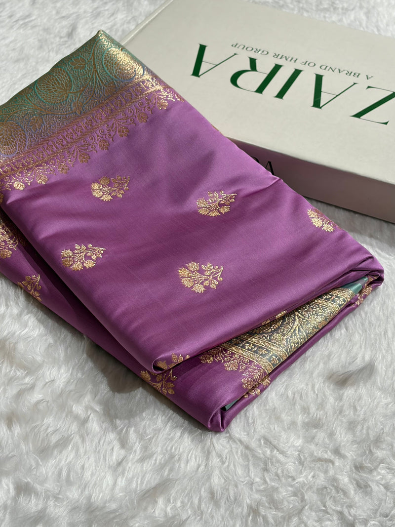 Lavender- Sea Green Banarasi Boota Katan Silk Saree SKM29