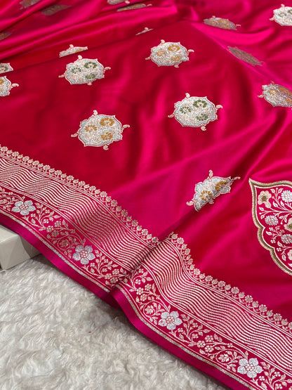 Premium Banarasi Satin Katan Saree Minakari Booti Pattern in Rani Shades SK138