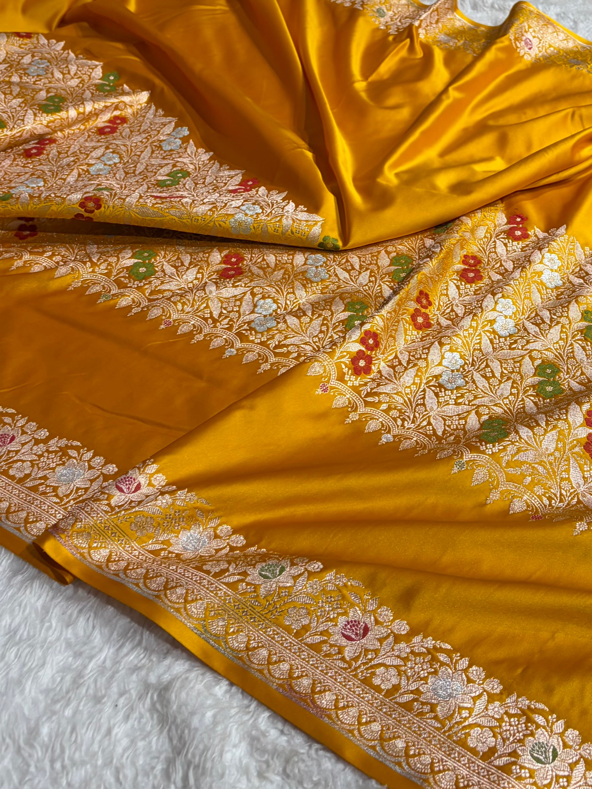 Mustard Shades Banarasi Minakari Boota Skirt Pattern Floral Mashru Silk Saree MSM-116