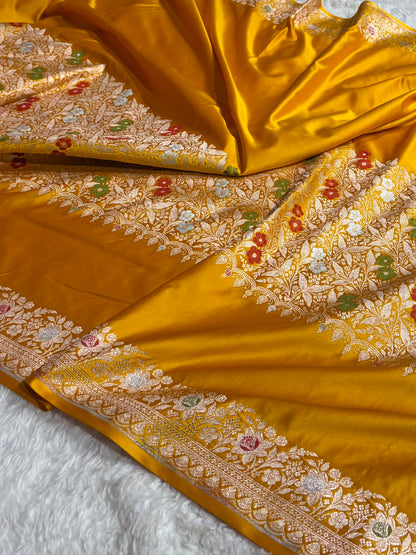 Mustard Shades Banarasi Minakari Boota Skirt Pattern Floral Mashru Silk Saree MSM-116